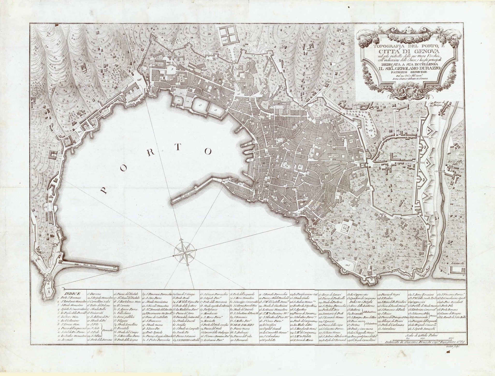 "Topografia del Porto e Citta di Genova nelsolo ristretto delle sue Mura Vechie coll'indicazione delle Chiese e luoghi principali"  Plan of the harbor and the City of Genova  Below we find a legend, names of prominent buildings within the city limits and the harbor. Legend has 168 entries.  Copper etching by Giovanni Lorenzo Guidotti (1740-?)