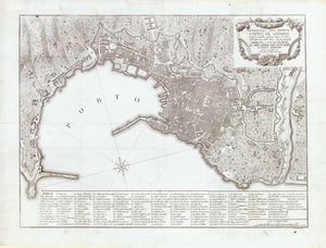 "Topografia del Porto e Citta di Genova nelsolo ristretto delle sue Mura Vechie coll'indicazione delle Chiese e luoghi principali"  Plan of the harbor and the City of Genova  Below we find a legend, names of prominent buildings within the city limits and the harbor. Legend has 168 entries.  Copper etching by Giovanni Lorenzo Guidotti (1740-?)