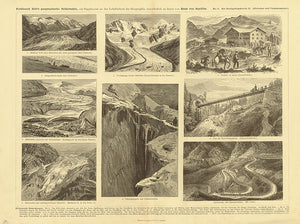 "Gletscher und Verkehrsmittel" ( glaciers and transportain )  Iteresting wood engraving with glaciers in the Ortler area, Hohen Tauern, nd Bernina. The Rigi Zahnradbahn and Mt. Cenis road system show some of the transport possibilities in the Alps. Detailed description. Light natural age toning. Vertical centerfod. Published ca 1885.  Original antique print 