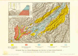 "Geologische Karte der Diluvial Ablagerungen des Cère Tals in Cantal (Central Frankreich)"  Interesting geological map of the dilluvial deposits in the Cère Valley of central France.  In the upper left is a profile of the Cère Valley.