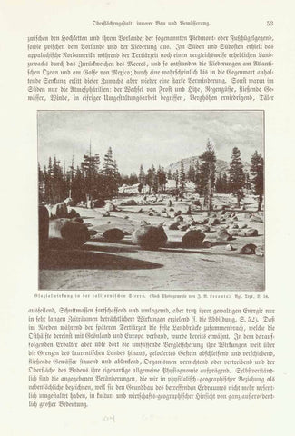 "Glazialwirkung in der californischen Sierra"  Xylograph image made after a photo 1904. Text on both sides of the page about geological deveolment of the sierras.  Original antique print 