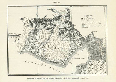 "Karte des St. Elias Gebirge mit dem Malaspinas Gletscher"  Wood engraving on a page of text about the Malaspinas Glacier in Alaska"  Original antique print , interior design, wall decoration, ideas, idea, gift ideas, present, vintage, charming, special, decoration, home interior, living room design