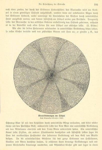 "Meeresstroemungen am Suedpol" (ocean currents at the South Pole)  Geology, Hot Springs, South Pole, Ocean Currents  Wood engravings made after Athanasius Kircher. Published ca 1900. Interesting German text on both side of the page about theories and discoveries of Athanasius Kircher  Original antique print 