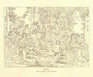 "Parnassus"  The mountain is sacred to Apollo and the Nymphs and home to the muses    Wood engraving made after a picture by Nicolas Poussin. Published 1895. On the reverse side is text about Nicolas Poussin.