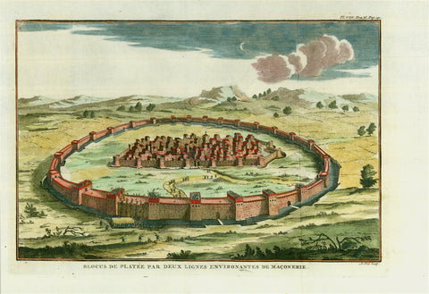 "Blocus de Platee par Deux Lignes Environants de Maconerie"  Blockade of Plataea by two lines of masonry. Copper engraving by M. Pool 1774. Fine original hand colouring. From "Polybius" by Dom Vincent Thuillier, a Benedictine monk and Jean Charles Folard. The book was translated from Greek to French. From Volume II.  The print shows the "Schlacht von Plataiai" (Bataille de Platees) in 479 B.C. In the lower left are the enemy troops climbing the first wall.