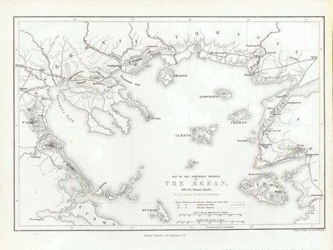 "Map of the Northern Shores of the Aegean with the Roman Roads"  Steel engraving map by w. Hughes. Published 1854.