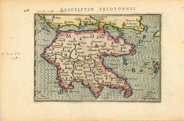 "Descriptio Peloponnsi"  Copper engraving map by Peter Bertius (1565-1629). Published in Amsterdam by Jodocus Hondius ca 1603  From "Tabularum Geographicarum contractarum".  Hand coloring.