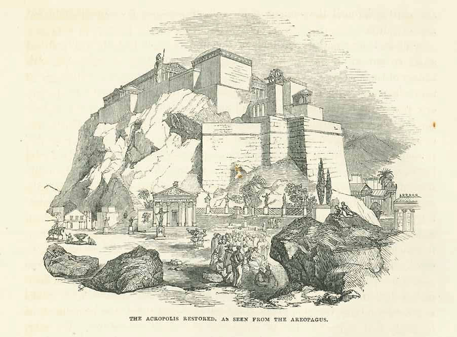 "The Acropoli Restored, as Seen From the Areopagus"  Wood engraving on a text page published 1854. Below the image is text about Athens that continues on the reverse side.