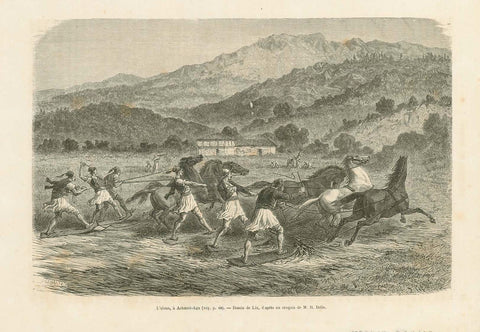 Ancient World, Agriculture, Greece, Achmed-Aga, Thrash Grain, "L'alona a Achmed-Aga"  Wood engraving showing Greeks using planks and horses to thrash grain. Print by Fredrich Lix (1830-1897) after Henri Belle. Publihed 1876.
