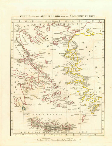 Greece, Copper engraving map by Aaron Arrowsmith. Published in London 1828.  Original hand outline coloring. In the upper right is prt of the Sea of Marmara. The Turkish coast on the right side extends as far south as the Greek island of Rhodes. In the upper left is part of Macedonia and Thessalia.  Original antique print    For a 30% discount enter MAPS30 at chekout 
