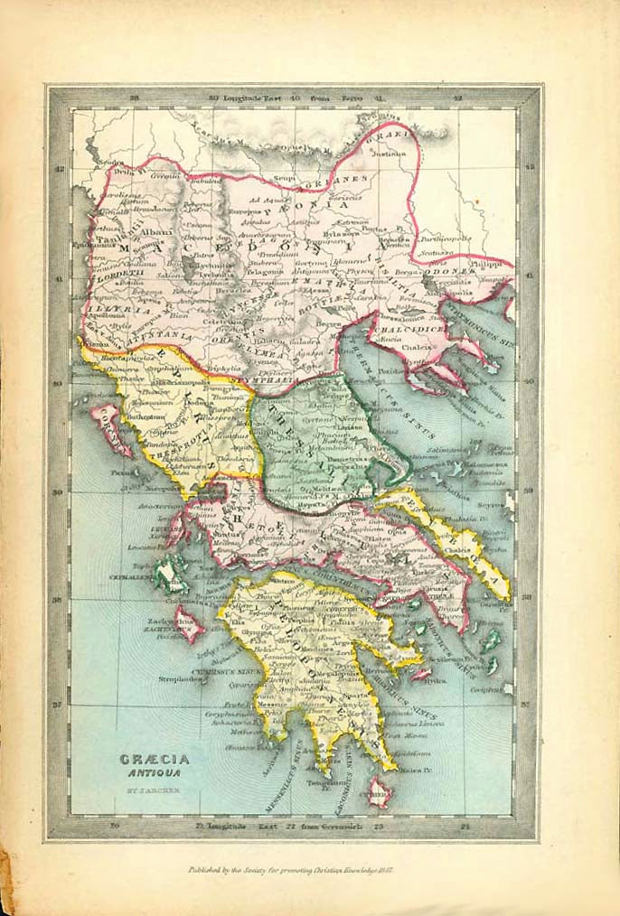 "Grecia Antigua"  Rare copper engraving map by Joshua Archer (1792-1863) Published by the Society for Promoting Christian Knowledge in 1847.  Original antique print    For a 30% discount enter MAPS30 at chekout   Very attractive original hand coloring. Ancient names of towns and topography.