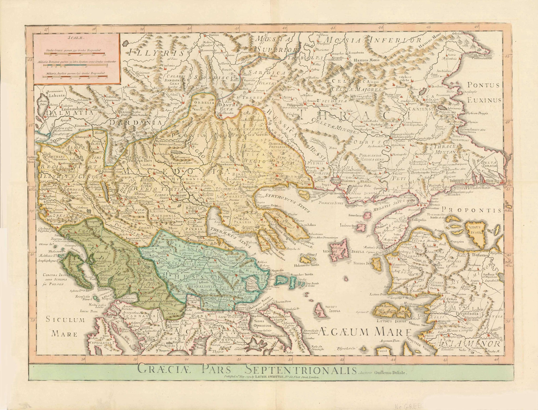 "Graeciae Pars Septentrionalis".  Greece, Griechenland, Grecia,Albania, Macedonia, Northern Turkey, Romania  Copper etching by Guillemo Delisle. Very attractive modern hand coloring over original borderline coloring. Puiblished by Laurie & Whittle. London, 1794.  This very attractive map centers in detail on Northern Greece, Albania, Macedonia, Northern Turkey, Romania, Bulgaria, reaching over to ãConstantinople" and the Black Sea. 