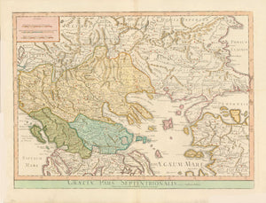 "Graeciae Pars Septentrionalis".  Greece, Griechenland, Grecia,Albania, Macedonia, Northern Turkey, Romania  Copper etching by Guillemo Delisle. Very attractive modern hand coloring over original borderline coloring. Puiblished by Laurie & Whittle. London, 1794.  This very attractive map centers in detail on Northern Greece, Albania, Macedonia, Northern Turkey, Romania, Bulgaria, reaching over to ãConstantinople" and the Black Sea. 