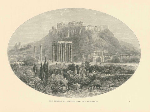 "The Temple of Jupiter and the Acropolis"  Greece, Athens, Acropolis, Temple, Zeus, Jupiter  Wood engraving ca 1875.  Original antique print  