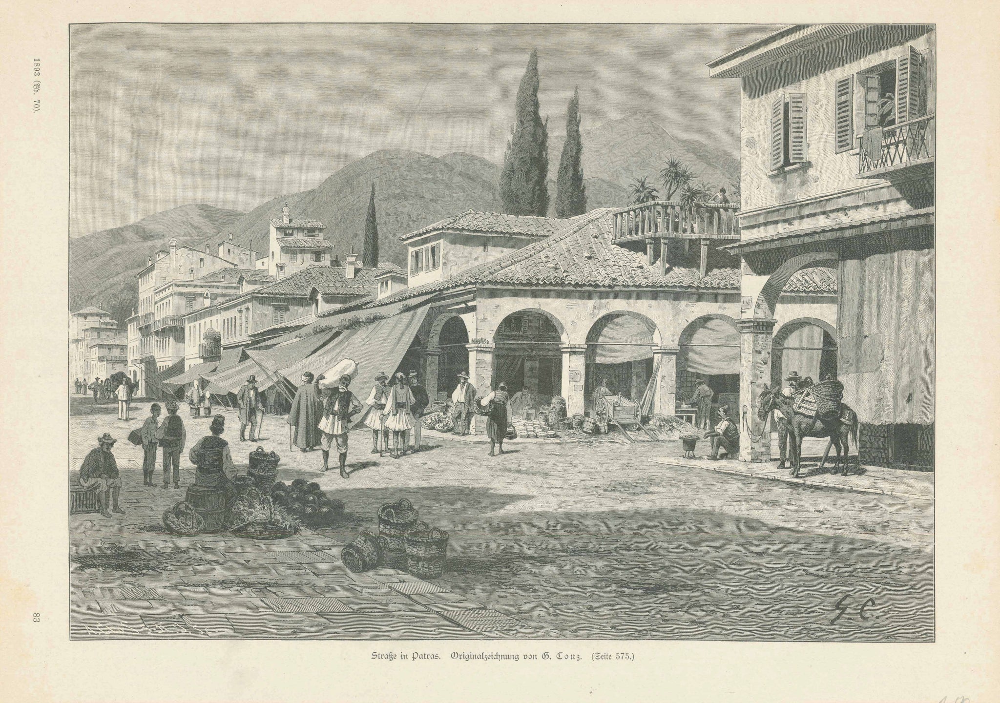 "Strasse in Patras"  Street in Patras, Greece  Wood engraving after G. Conz dated 1898.  Original antique print  
