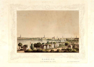 Antiker Stich, "Hamburg vom Harvestehuder Weg gesehen"  Hamburg, Harvestehuder Weg, Aussenalster, Elbe  In Farbe gedruckte Lithographie von Christian Ludwig Wilhelm Heuer (1830-1890) nach eigener Vorzeichnung. Umrahmt von einer ornamentalen Bordüre  Erschienen in "Hamburg und seine Umgebungen" Blatt Nr. 10 von Ch. L. W. Heuer  Bei Gassmann, Hamburg, 1856  Blick auf Hamburg, die Villen des 19. Jahrhunderts und über die Aussenalster.