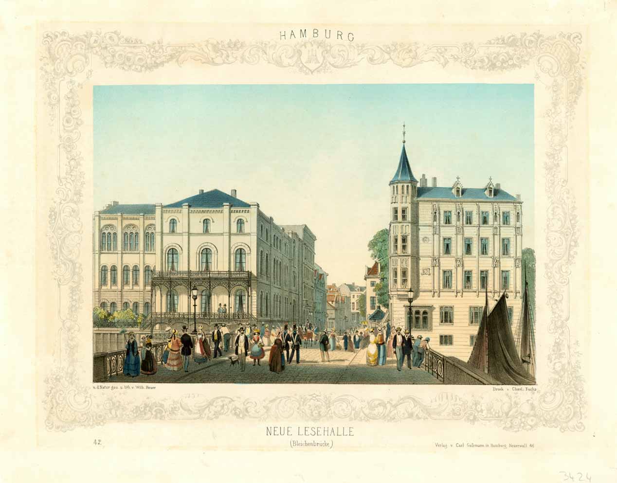 "Hamburg - Neue Lesehalle (Bleichenbrücke)"  Altkolorierte Lithographie von Christian Ludwig Wilhelm Heuer (1830-1890) nach eigener Vorzeichnung. Umrahmt von einer ornamentalen Bordüre  Erschienen in "Hamburg und seine Umgebungen" von Ch. L. W. Heuer  Bei Gassmann, Hamburg, 1856