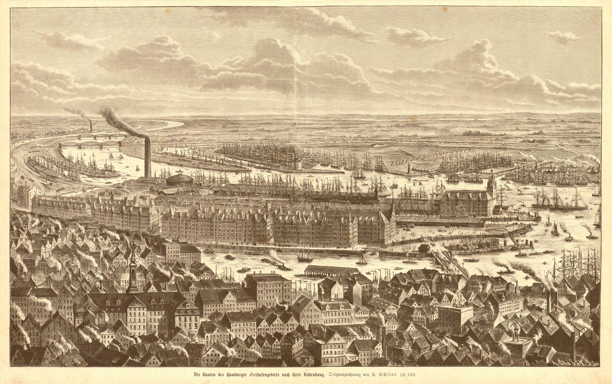 "Die Bauten des Hamburger Freihafengebiets nach ihrer Vollendung"  Holzstich nach der Zeichnung von Carl Schildt (1851-1920)  Zur Fertigstellung des ersten Bauabschnitts der Speicherstadt  Leipzig, 1888  Eindrucksvolle, grossformatige Ansicht der Hamburger Speicherstadt (Lagerhäuser) aus der Halbvogelschau.