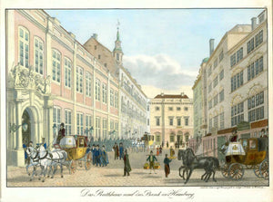 "Das Rathaus und die Bank in Hamburg"  Town Hall and Bank in Hamburg  Hand-colored and heightened with gum arabicum lithograph by Cornelius Suhr (1781-1857)  After the drawing by Peter Suhr (1788-1857)  Published in "Ansichten von Hamburg und deren Umgebung"  Here Nr. 33 of this series.  Hamburg, ca 1830