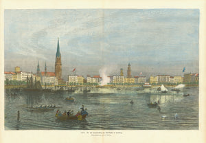 "Der alte Jungfernstieg am Alsterbassin in Hamburg"  Hamburg, Jungfernstieg, Binnenalster, Elbe, Hansestadt, Wasserlichtkonzerte, Speicherstadt  Blick über die Binnenalster auf den Jungfernstieg und die Alsterdampfer-Anlegestelöe. Links die Kirche St. Petri.  Handkolorierter Holzstich nach der Zeichnung von Carl Oesterley (1805-1895)  Original antique print  