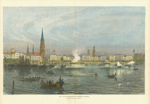 "Der alte Jungfernstieg am Alsterbassin in Hamburg"  Hamburg, Jungfernstieg, Binnenalster, Elbe, Hansestadt, Wasserlichtkonzerte, Speicherstadt  Blick über die Binnenalster auf den Jungfernstieg und die Alsterdampfer-Anlegestelöe. Links die Kirche St. Petri.  Handkolorierter Holzstich nach der Zeichnung von Carl Oesterley (1805-1895)  Original antique print  