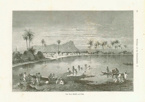 "Das Dorf Waikiki auf Oahu"  Two page article with text in German published 1874. A smaller engraving of Diamond Head is on the second page. Articles describes the fishing village Waikiki and the topography around Diamon Head. Hawaii Original antique print  