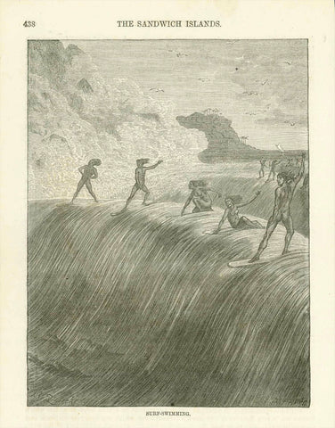 "The Sandwich Islands" "Surf-Swimming"  Fine wood engraving published 1870 showing Hawaiians surfing on a high wave. The beginning of this popular sport!  Original antique print  