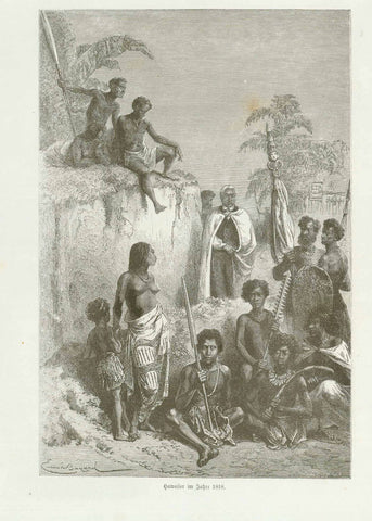 "Hawaiier im Jahre 1818" "Hawaiier im Jahrer 1871. Im Hofte Kamehameha des Fünften" Image: 23 x 15.5 cm ( 9 x 6.1")  Four separate pages with 5 images and text about the Sandwich Islands (Hawaii). Published 1874.  Original antique print  