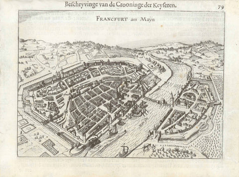 "Francfurt am Mayn"  Copper engraving by Petrus Bertius (1565- 1629).  Published in Amsterdam 1616. Reverse side is printed.  Original antique print  