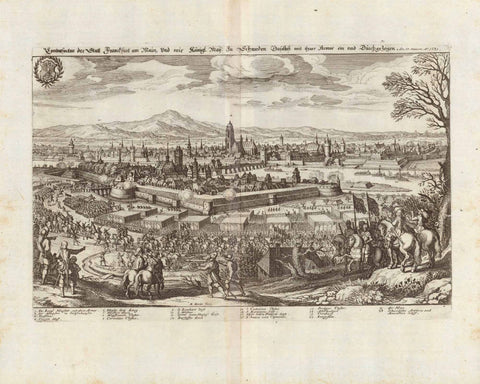 "Contrafactur der Statt Frankfurt am Main, Und wie Koenigl. May: Zu Schweden daselbst mit ihrer Armee ein und Durchgezogen de 17. Novem. 1631"  Copper engraving by Matthaeus Merian 1633 showing the Swedish army moving into the city in 1631 during the Thirty Years War.  Published in "Theatrum Europaeum".  Original antique print  