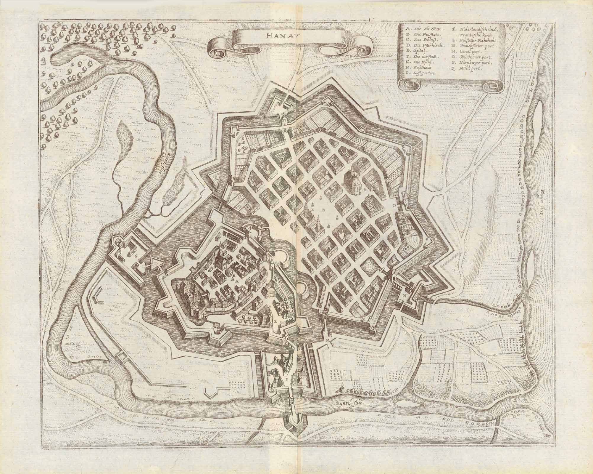 Germany  "Hanau"  Copper engraving by Matthaeus Merian published 1646.  From "Topographia Hassiae".  Original antique print  