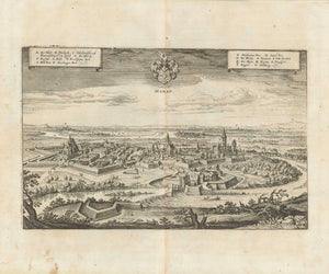 "Hanau"  Hessen, Kesselstadt, Mittelbuchen, Steinheim  Copper engraving by Matthaeus Merian ca 1655.  From "Topographiae Germaniae".  Original antique print  