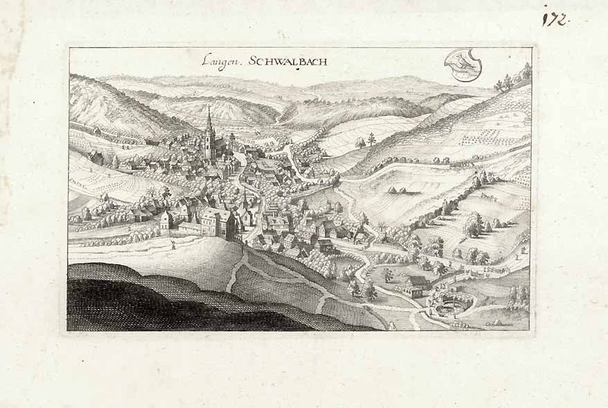 Bad Schwalbach. - "Langen Schwalbach"  Bad Schwalbach, Hessen, Heilbad, Rheingau-Taunus Kreis, Kneipkurort, Nesselbach   View of Bad Schwalbach, one of the oldest spas in Germany Rare copper engraving by Wenzel Holler (1607-1677)  (Wenzel Holler made his way from Prague to London and Frankfurt am Main. He spent two years learning from Matthäus Merian and finished a series of city and town views, probably ordered by Merian, in 1645.