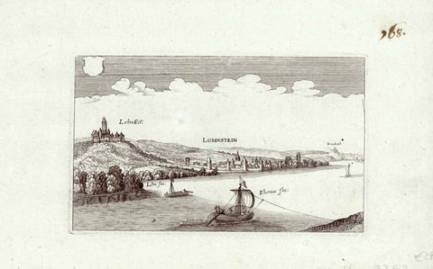 "Lohnstein" (Lahnstein)  Lahnstein, Lohnstein, Rhein-Lahn Kreis, Rheintal, Luftkurort, Burg Lahneck,   Rare copper engraving by Wenzel Holler (1607-1677)  Wenzel Holler made his way from Prague to London and Frankfurt am Main. He spent two years learning from Matthäus Merian and finished a series of city and town views (probably ordered by Merian) in 1645.Only a few prints were published so that they are very seldom in the public and private collections.