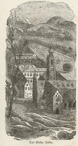 Das Kloster Fulda"  Wood engraving ca 1875. Reverse side is printed. Natural age toning.