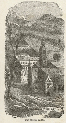 Das Kloster Fulda"  Wood engraving ca 1875. Reverse side is printed. Natural age toning.