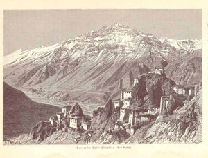 "Dankar in Spiti Himalaja"  Wood engraving of the village of Dhankar, published 1901. Reverse side is printed.