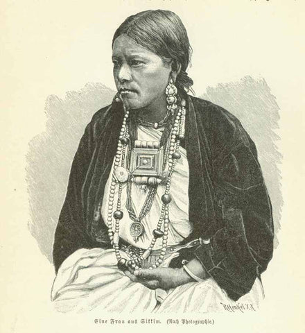 "Eine Frau aus Sikkim"  Wood engraving made after a photograph 1895.  Below the image is text about Sikkim and Tibet that continues on the reverse side.