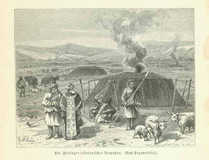 "Ein Zeltlager tibetanischer Nomanden"  Wood engraving on a page of text about the Tibeten people that continues on the reverse side. Published 1895.