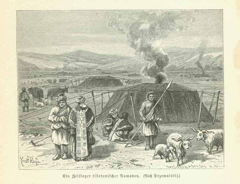 "Ein Zeltlager tibetanischer Nomanden"  Wood engraving on a page of text about the Tibeten people that continues on the reverse side. Published 1895.