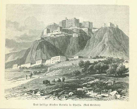 "Das heilige Kloster Potala in Lhassa"  Wood engraving published 1895 on a page of text about Tibet that continues on the reverse side.