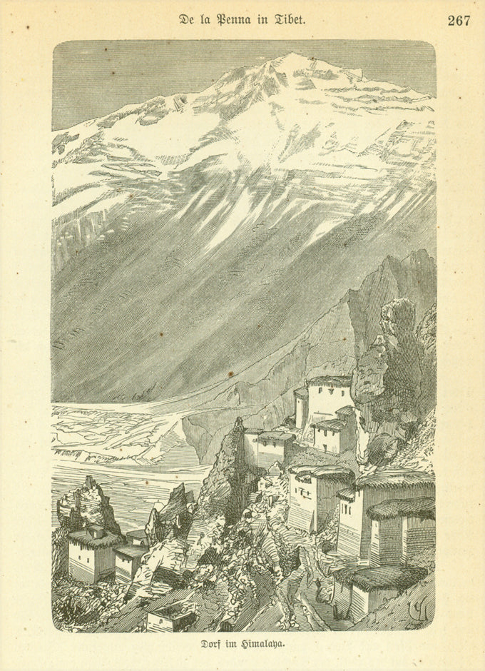 "Dorf im Himalaya" (Village in Himalaya)  Wood engraving published 1885. On the reverse side is text (in German) about early exploration in Tibet.