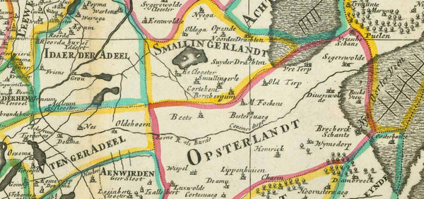 "La Seignevrie D'Ouest-Frise ou Frise Occidentale, divisee en ses Trois Parties..."  Original hand colored copper engraving map. Published by Pierre Mortier in Amsterdam, 1692. The map is from the atlas of Alexis Hubert Jaillot and based on Sanson's map.