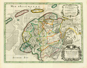 "La Seignevrie D'Ouest-Frise ou Frise Occidentale, divisee en ses Trois Parties..."  Original hand colored copper engraving map. Published by Pierre Mortier in Amsterdam, 1692. The map is from the atlas of Alexis Hubert Jaillot and based on Sanson's map.