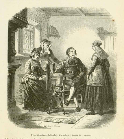 "Types et costumes hollandais. Un interieur"  Wood engraving dated 1859. Below the image and on the reverse side is text about Dutch customs and history.