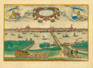 "Icon civitatis Campensis, cuius situs fluvium eleganti venustate decorat"  Panoramic view of Kampen in the Dutch province of Overijssel  The river Ijssel is the northernmost branch of the river Rhein. It empties into the Ijsselmeer, a former bay of the North Sea a major project of land reclamation by the Dutch.  Copper etching. Fine original hand coloring. Reverse side has text print in German.  Published in "Civitates Orbis Terrarum" by Geor Braun and Frans Hogenberg,  Cologne, 1596