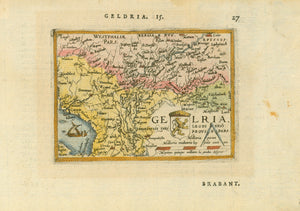 "Geldria"  Hand-colored copper etching from the pocket atlas  by Abraham Ortelius  Antwerp, 1587  Original antique print   This little jewel map, east-oriented and showing areas beyond its title, is one of Abraham Ortelius' miniature maps, an attempt by the author to spread the knowledge of the world, so fabulously displayed in his large (and expensive) atlas "Theatrum Orbis Terrarum", which was the first world atlas ever produced, as I just said, to spread this knowledge further into larger groups of buyer