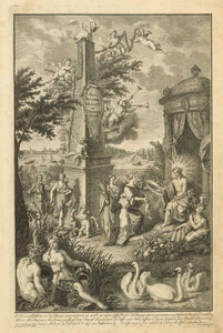 Amsterdam. - "Het Watergraafs of Diemer Meer"  Copper etching frontispiece for a book by the above title.  Engraver Johann Wilhelm Winter Drawing by: Adolf van der Laan  Publicized: Amsterdam, 1725  Very attractive allegorical frontispiece. Two nymphs in foreground symbolize the rivers Amstel and Nieuwe Diep. Watergraafs is a town residing on a polder, which is land won from the sea by diking it and drying it up. This began in the beginning of the 17th century.