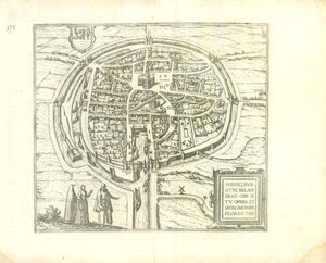 Antique print of City Views, Holland, Zeeland, Middelburg, Middelburg. - "Middelburgum, Selandiae Opp: Situ, Opere, et Mercimoniis Florentinas:"  Copper etching  Published in ãCivitates OrbisTerrarum"  Cologne, 1575  Half bird's eye view of this noble Dutch city. Middelburg is the capital of the province of Zeeland