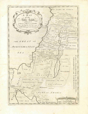 "A Map of the Holy Land or Travels of the children of Isreal out of Egypt through the Red Sea & the Wildness into Canaan"  Copper engraving map by Thomas Hutchinsen ca 1733  from "The Works of Flavius Josephus..."  This uncommon map shows the encampments of the Children of Isreal and the divisions of the various tribes. The Dead Sea is titled "Asphalttis Lake" with the names Sodom and Gomorra written in the lake.  Original antique print   For a 30% discount enter MAPS30 at chekout